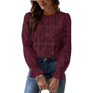 imageCUPSHE Women Eyelet Long Sleeve Tops Shirts Dressy Hollow Out Crochet Lace Embroidered Blouses 2025 FashionBurgandy Red