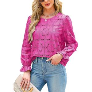 imageCUPSHE Women Eyelet Long Sleeve Tops Shirts Dressy Hollow Out Crochet Lace Embroidered Blouses 2025 FashionFuchsia
