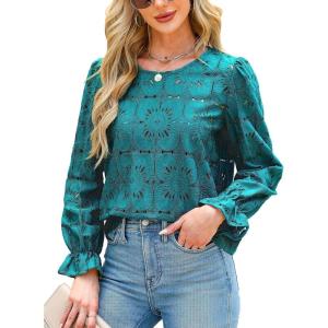 imageCUPSHE Women Eyelet Long Sleeve Tops Shirts Dressy Hollow Out Crochet Lace Embroidered Blouses 2025 FashionLake Blue