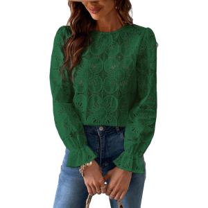 imageCUPSHE Women Eyelet Long Sleeve Tops Shirts Dressy Hollow Out Crochet Lace Embroidered Blouses 2025 FashionMint Green