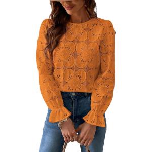 imageCUPSHE Women Eyelet Long Sleeve Tops Shirts Dressy Hollow Out Crochet Lace Embroidered Blouses 2025 FashionOrange
