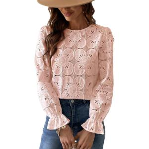 imageCUPSHE Women Eyelet Long Sleeve Tops Shirts Dressy Hollow Out Crochet Lace Embroidered Blouses 2025 FashionPink