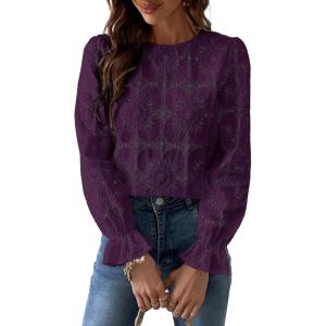 imageCUPSHE Women Eyelet Long Sleeve Tops Shirts Dressy Hollow Out Crochet Lace Embroidered Blouses 2025 FashionPurple