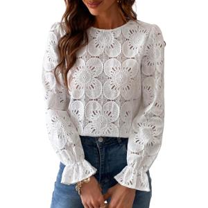 imageCUPSHE Women Eyelet Long Sleeve Tops Shirts Dressy Hollow Out Crochet Lace Embroidered Blouses 2025 FashionWhite