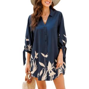 imageCUPSHE Women Mini Summer Dress Cover Up Floral Shirt 34 Sleeve Cuff Tie Button Down Sundress Beach Dresses Cover Up TopBlue Floral