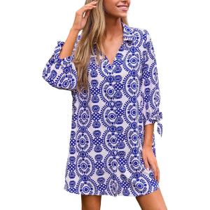 imageCUPSHE Women Mini Summer Dress Cover Up Floral Shirt 34 Sleeve Cuff Tie Button Down Sundress Beach Dresses Cover Up TopBlue Paisley