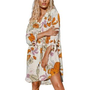 imageCUPSHE Women Mini Summer Dress Cover Up Floral Shirt 34 Sleeve Cuff Tie Button Down Sundress Beach Dresses Cover Up TopFloral
