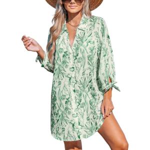 imageCUPSHE Women Mini Summer Dress Cover Up Floral Shirt 34 Sleeve Cuff Tie Button Down Sundress Beach Dresses Cover Up TopGreen Floral