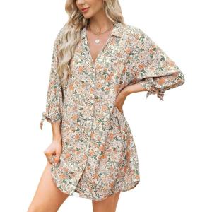 imageCUPSHE Women Mini Summer Dress Cover Up Floral Shirt 34 Sleeve Cuff Tie Button Down Sundress Beach Dresses Cover Up TopOrange Floral