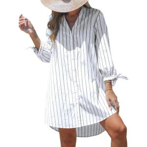 imageCUPSHE Women Mini Summer Dress Cover Up Floral Shirt 34 Sleeve Cuff Tie Button Down Sundress Beach Dresses Cover Up TopWhite Pinstriped