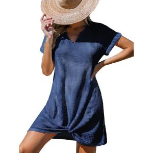 imageCUPSHE Women Swimsuit Cover Up Waffle Knit Bathing Suit Coverups Twist Mini Beach DressDark Blue