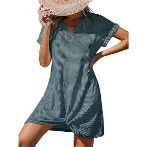 imageCUPSHE Women Swimsuit Cover Up Waffle Knit Bathing Suit Coverups Twist Mini Beach DressDark Green