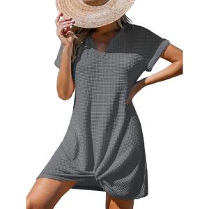 imageCUPSHE Women Swimsuit Cover Up Waffle Knit Bathing Suit Coverups Twist Mini Beach DressDark Grey