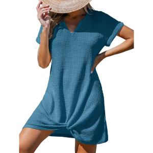 imageCUPSHE Women Swimsuit Cover Up Waffle Knit Bathing Suit Coverups Twist Mini Beach DressLake Blue