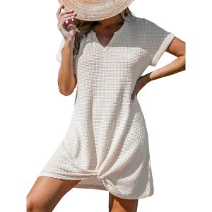 imageCUPSHE Women Swimsuit Cover Up Waffle Knit Bathing Suit Coverups Twist Mini Beach DressOffwhite