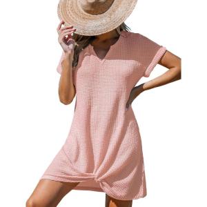 imageCUPSHE Women Swimsuit Cover Up Waffle Knit Bathing Suit Coverups Twist Mini Beach DressPink