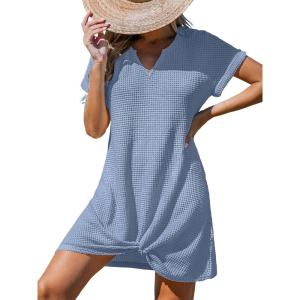 imageCUPSHE Women Swimsuit Cover Up Waffle Knit Bathing Suit Coverups Twist Mini Beach DressSky Blue