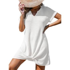 imageCUPSHE Women Swimsuit Cover Up Waffle Knit Bathing Suit Coverups Twist Mini Beach DressWhite