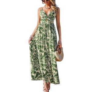 imageCUPSHE Womens Maxi Dress Floral Print Twisted V Neck Sleeveless Long Dress Summer Casual DressGreen Leaf
