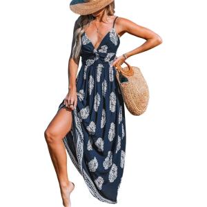 imageCUPSHE Womens Maxi Dress Floral Print Twisted V Neck Sleeveless Long Dress Summer Casual DressNavy Blue