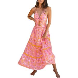 imageCUPSHE Womens Maxi Dress Floral Print Twisted V Neck Sleeveless Long Dress Summer Casual DressPink Floral