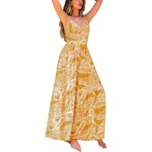 imageCUPSHE Womens Maxi Dress Floral Print Twisted V Neck Sleeveless Long Dress Summer Casual DressYellow Leaf