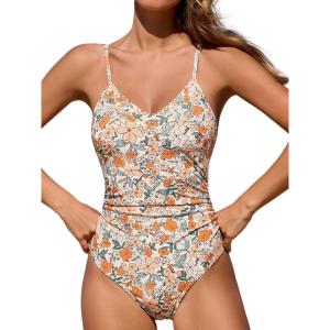 imageCUPSHE Womens One Piece Swimsuits Bathing Suits Cutout V Neck Tummy Control Adjustable Straps O RingBeigeFloral
