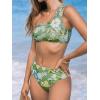 imageCUPSHE Womens Bikini Sets Two Piece Bathing Suit One Shoulder Mid Rise Scalloped Wide Strap Back HookGreenBlue Floral