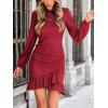 imageCUPSHE Womens Knit Ruched Mini Fall Dress Smocked Ruffle Hem Crew Neck Long Sleeve Bodycon Casual Summer Autumn DressesWine Red