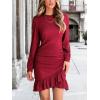 imageCUPSHE Womens Knit Ruched Mini Fall Dress Smocked Ruffle Hem Crew Neck Long Sleeve Bodycon Casual Summer Autumn DressesWine Red