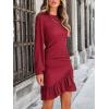 imageCUPSHE Womens Knit Ruched Mini Fall Dress Smocked Ruffle Hem Crew Neck Long Sleeve Bodycon Casual Summer Autumn DressesWine Red