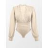 imageCUPSHE Womens Plunge Vneck Lace Trim Long Sleeve Bodysuit Party Shirred Bottoming Blouse TopsBeige