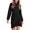 imageCUPSHE Womens Knit Ruched Mini Fall Dress Smocked Ruffle Hem Crew Neck Long Sleeve Bodycon Casual Summer Autumn DressesBlack