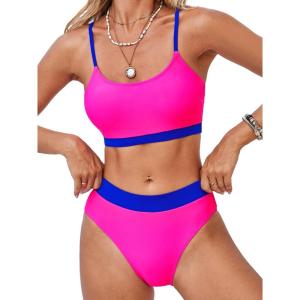 imageCUPSHE Womens Bikini Set Two Piece Swimsuits High Waisted Scoop Neck Spaghetti Adjustable Straps TexturedBlueMagenta