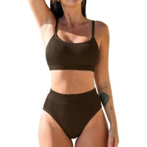 imageCUPSHE Womens Bikini Set Two Piece Swimsuits High Waisted Scoop Neck Spaghetti Adjustable Straps TexturedBrown