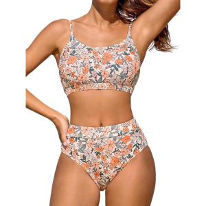 imageCUPSHE Womens Bikini Set Two Piece Swimsuits High Waisted Scoop Neck Spaghetti Adjustable Straps TexturedPale TanFloral