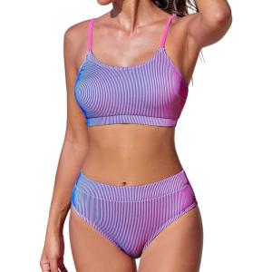 imageCUPSHE Womens Bikini Set Two Piece Swimsuits High Waisted Scoop Neck Spaghetti Adjustable Straps TexturedPurpleMagenta