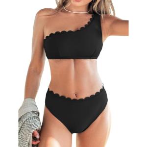 imageCUPSHE Womens Bikini Sets Two Piece Bathing Suit One Shoulder Mid Rise Scalloped Wide Strap Back HookBlack