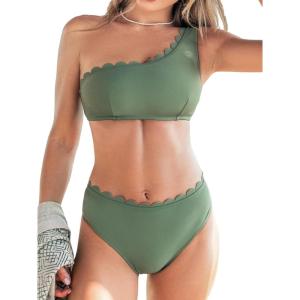 imageCUPSHE Womens Bikini Sets Two Piece Bathing Suit One Shoulder Mid Rise Scalloped Wide Strap Back HookEucalyptus Green