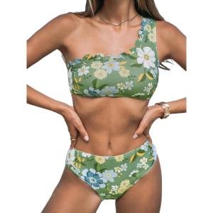 imageCUPSHE Womens Bikini Sets Two Piece Bathing Suit One Shoulder Mid Rise Scalloped Wide Strap Back HookGreenBlue Floral