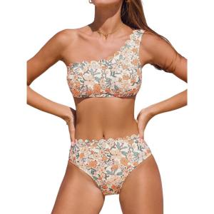 imageCUPSHE Womens Bikini Sets Two Piece Bathing Suit One Shoulder Mid Rise Scalloped Wide Strap Back HookYellowOrange Floral