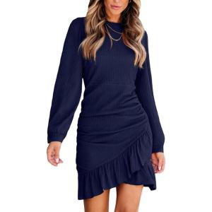 imageCUPSHE Womens Knit Ruched Mini Fall Dress Smocked Ruffle Hem Crew Neck Long Sleeve Bodycon Casual Summer Autumn DressesNavy Blue