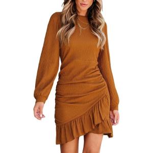 imageCUPSHE Womens Knit Ruched Mini Fall Dress Smocked Ruffle Hem Crew Neck Long Sleeve Bodycon Casual Summer Autumn DressesOrange