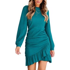 imageCUPSHE Womens Knit Ruched Mini Fall Dress Smocked Ruffle Hem Crew Neck Long Sleeve Bodycon Casual Summer Autumn DressesTeal