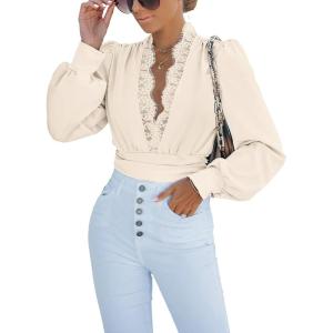 imageCUPSHE Womens Plunge Vneck Lace Trim Long Sleeve Bodysuit Party Shirred Bottoming Blouse TopsBeige