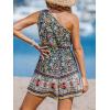 imageCUPSHE Women Mini Romper One Shoulder Casual Floral Belted Jumpsuit Summer Overall Wide leg OutfitBlack Floral