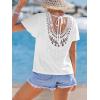 imageCUPSHE Womens Beach Vacation Short Sleeve Lace Patchwork Back Tie Sheer Shirt TopsWhite