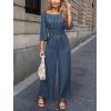imageCUPSHE Womens Romper Woven Square Neck 34 Sleeves Smocked Waist Straight Leg Jumpsuit Outfit CasualNavy