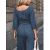 imageCUPSHE Womens Romper Woven Square Neck 34 Sleeves Smocked Waist Straight Leg Jumpsuit Outfit CasualNavy