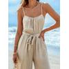 imageCUPSHE Womens Sleeveless Spaghetti Strap Scoop Neckline Sleeveless Waist Tie Wide Leg Jumpsuit Beach Vacation OutfitsBeige